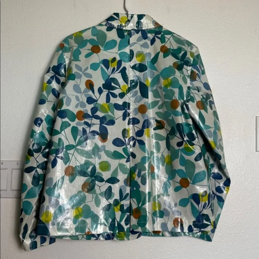 Chicos Floral Rain Coat Womens 2 Med Shiny Lined Hip Pockets Button Front Jacket